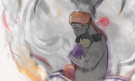 Watercolour image of an older man holding his grandaughter