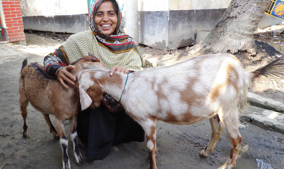 Woman kneeling by a pair of goats