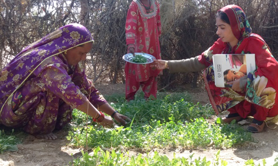 Two women and a child tending to a herb garden