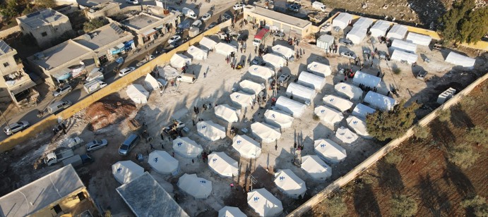 The logistics centre with the tents set up.